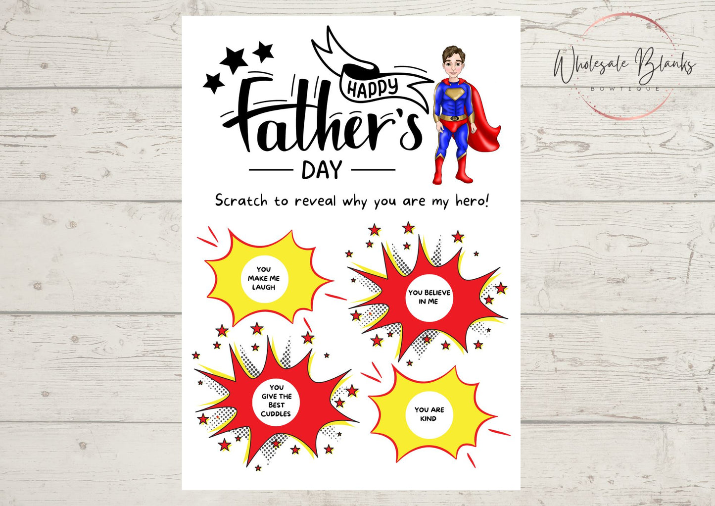 Father’s Day Hero scratch card with envelope - Wholesale Blanks Bowtique