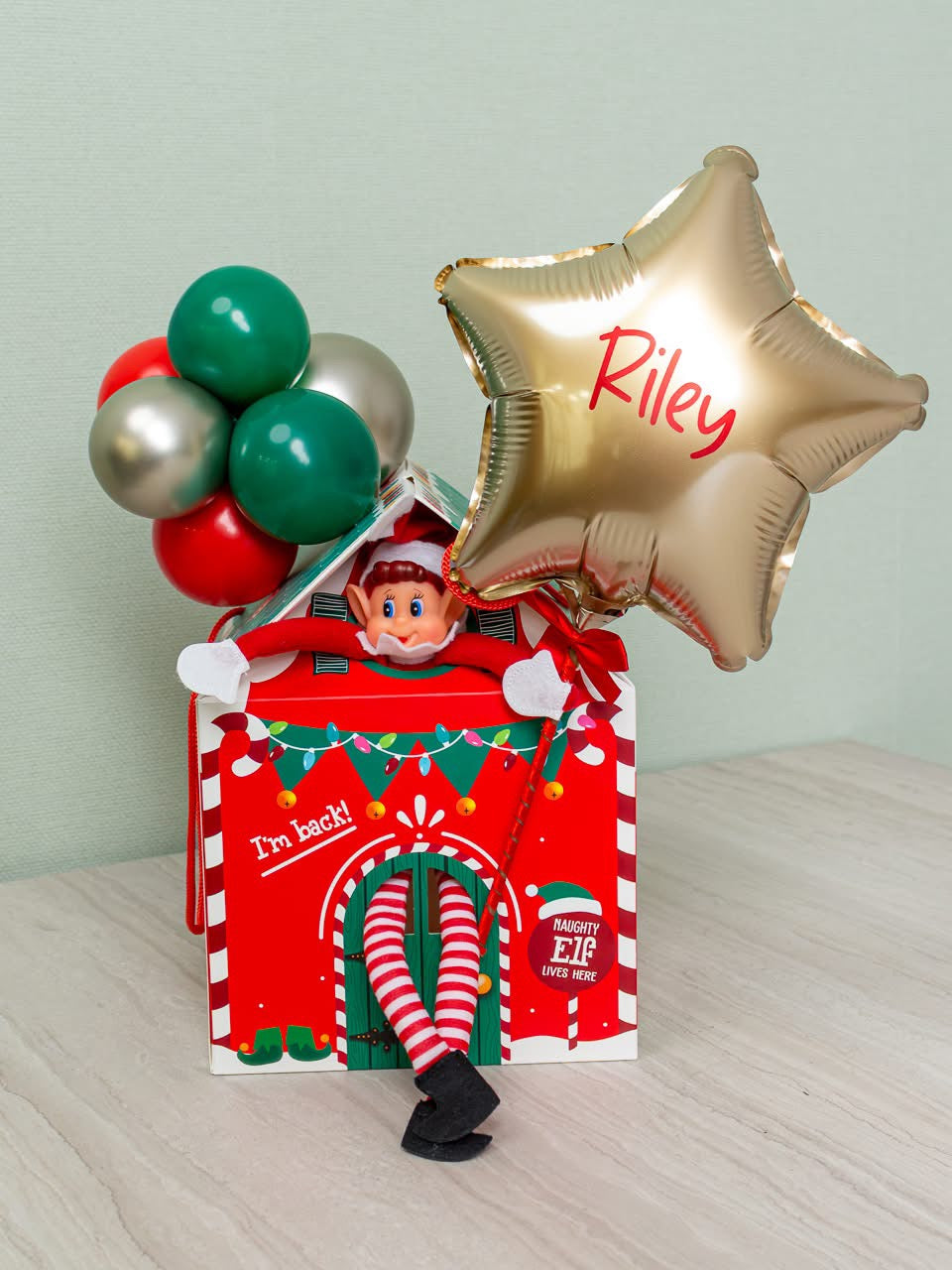 Elf house with gold star foils and mini balloons - Wholesale Blanks Bowtique